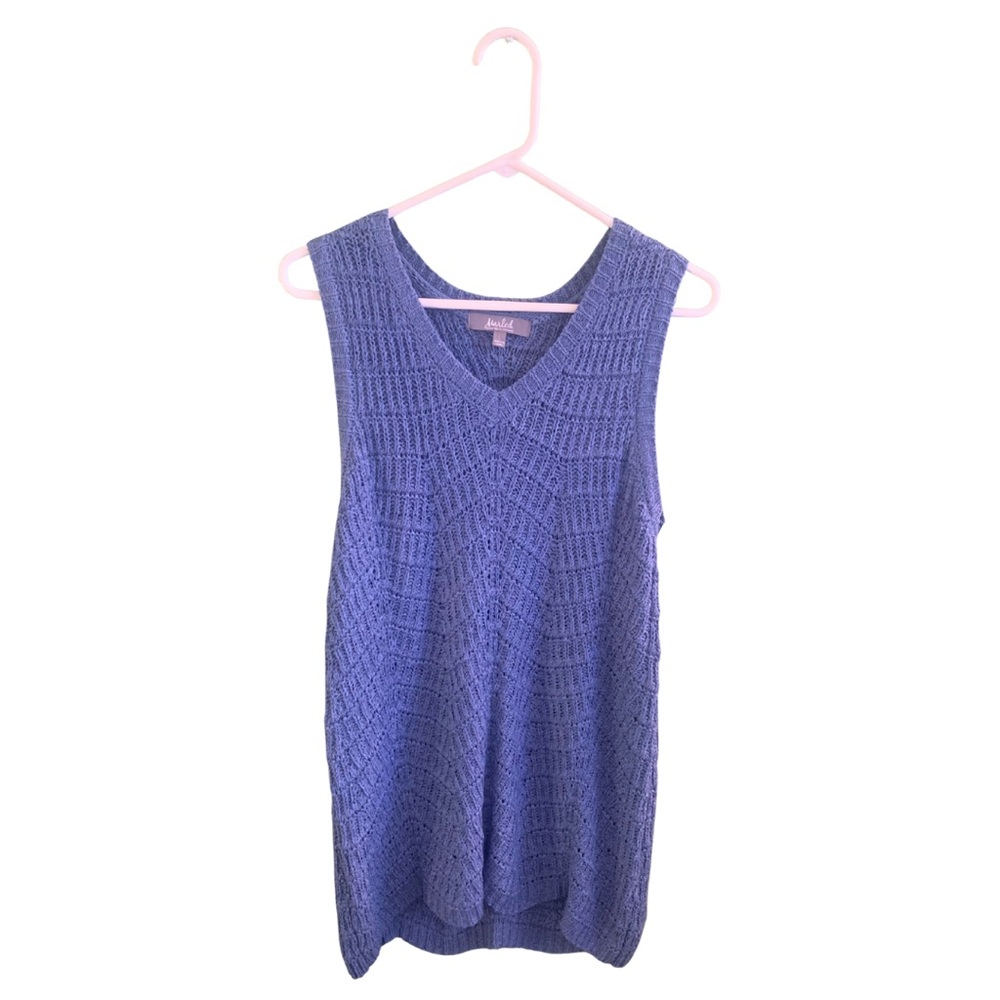 Marled Blue Sleeveless VNeck Sweater Top Large Crochet Knit Nautical Coastal